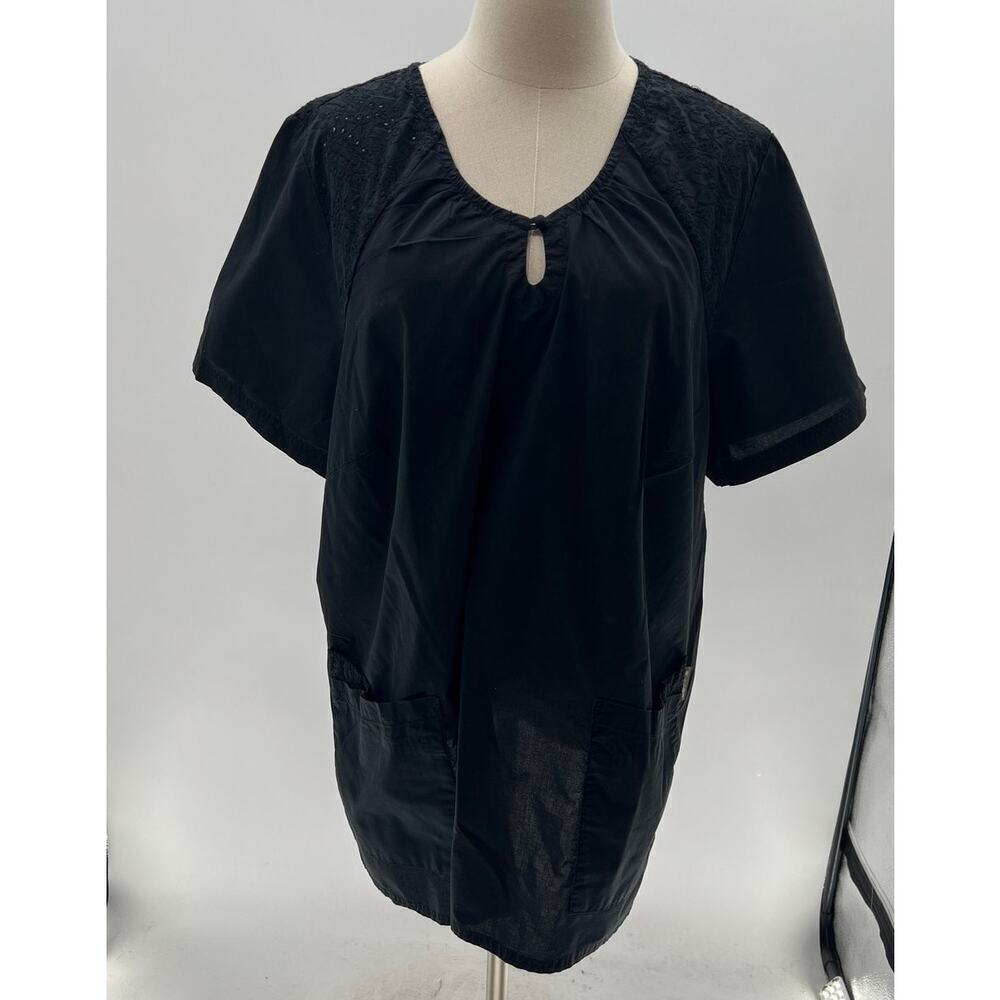 koi by Kathy Peterson Plus Size Black Lace Trim Short Sleeve Scrub Top- 3X